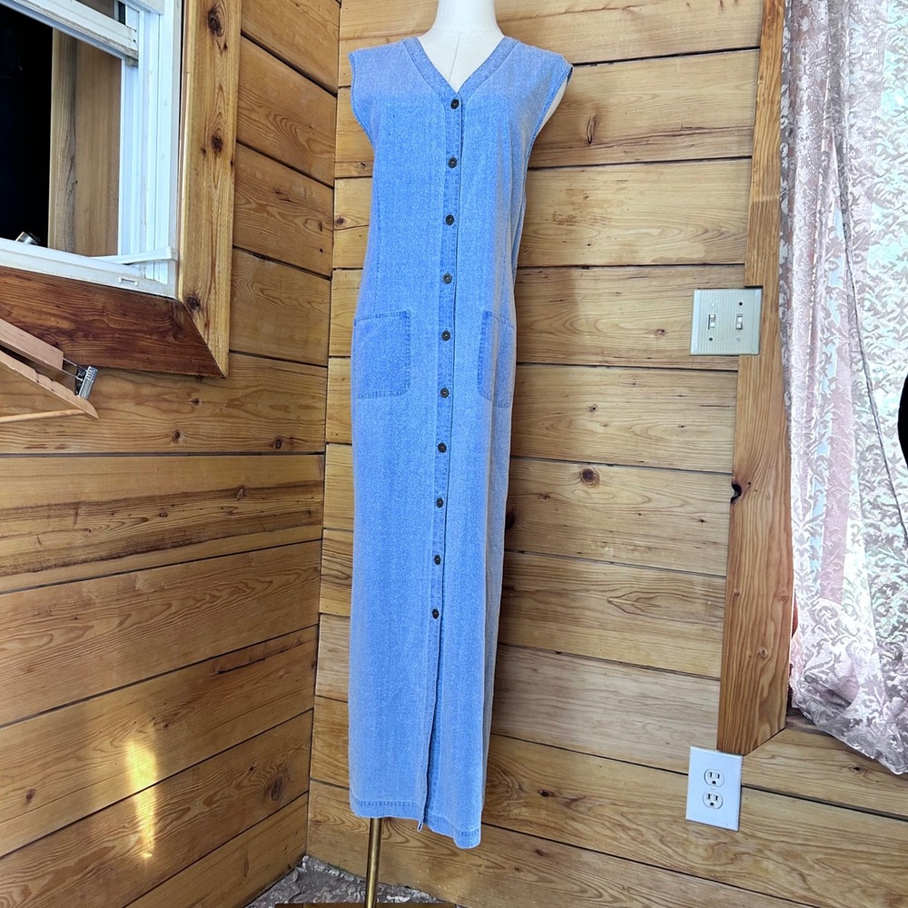 Vintage Silk Maxi Dress Extra Large Blue Button Up Chore Utility Duster Kara